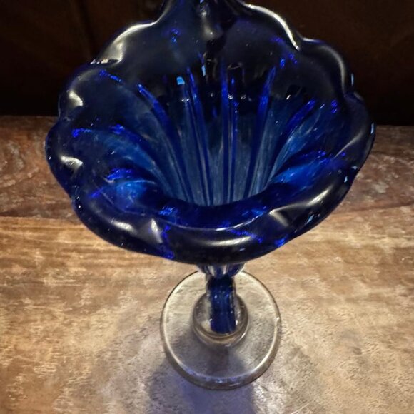 Sabina Glassworks Poland Art Glass Vase Cornucopia 11” Cobalt Blue HandBlown NEW - Picture 3 of 5